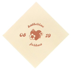 Infuse your wedding with vintage charm using the Retro Floral Heart Wedding Napkin, featuring the couple's names arched around a whimsical heart adorned with retro flowers, flanked by the wedding date. This nostalgic design adds a touch of retro romance to your celebration.