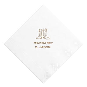 Step into matrimonial bliss with the Cowboy Boots Union Napkin, personalized with the couple's names beneath a charming graphic of a pair of cowboy boots. A perfect touch for a wedding with rustic charm or country flair.