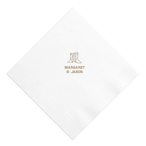 Step into matrimonial bliss with the Cowboy Boots Union Napkin, personalized with the couple's names beneath a charming graphic of a pair of cowboy boots. A perfect touch for a wedding with rustic charm or country flair.