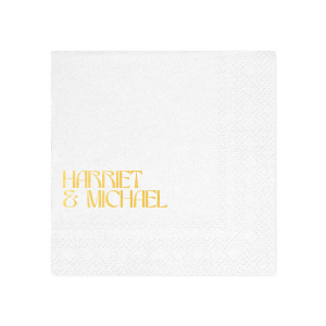 Celebrate your special day with the Marital Elegance Napkin, featuring the couple's names in a sophisticated and art deco inspired type that exudes modern elegance. A stylish and personal addition to your wedding reception.