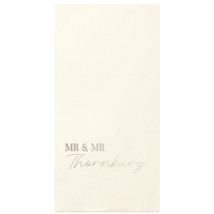 Tailor your table setting with the Elegant Union Script Napkin, customizable from "Mr & Mr" to "Mr & Ms" or any pairing you desire, crowned with the shared last name in a graceful script. A sophisticated touch for your bespoke wedding celebration.