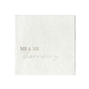 Tailor your table setting with the Elegant Union Script Napkin, customizable from "Mr & Mr" to "Mr & Ms" or any pairing you desire, crowned with the shared last name in a graceful script. A sophisticated touch for your bespoke wedding celebration.