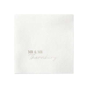 Tailor your table setting with the Elegant Union Script Napkin, customizable from "Mr & Mr" to "Mr & Ms" or any pairing you desire, crowned with the shared last name in a graceful script. A sophisticated touch for your bespoke wedding celebration.