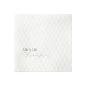 Tailor your table setting with the Elegant Union Script Napkin, customizable from "Mr & Mr" to "Mr & Ms" or any pairing you desire, crowned with the shared last name in a graceful script. A sophisticated touch for your bespoke wedding celebration.