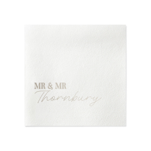 Tailor your table setting with the Elegant Union Script Napkin, customizable from "Mr & Mr" to "Mr & Ms" or any pairing you desire, crowned with the shared last name in a graceful script. A sophisticated touch for your bespoke wedding celebration.