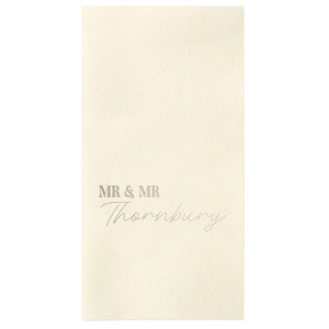 Tailor your table setting with the Elegant Union Script Napkin, customizable from "Mr & Mr" to "Mr & Ms" or any pairing you desire, crowned with the shared last name in a graceful script. A sophisticated touch for your bespoke wedding celebration.