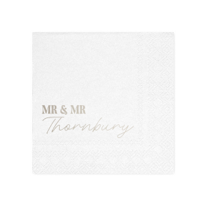 Tailor your table setting with the Elegant Union Script Napkin, customizable from "Mr & Mr" to "Mr & Ms" or any pairing you desire, crowned with the shared last name in a graceful script. A sophisticated touch for your bespoke wedding celebration.