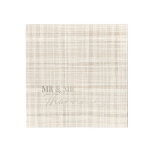 Tailor your table setting with the Elegant Union Script Napkin, customizable from "Mr & Mr" to "Mr & Ms" or any pairing you desire, crowned with the shared last name in a graceful script. A sophisticated touch for your bespoke wedding celebration.