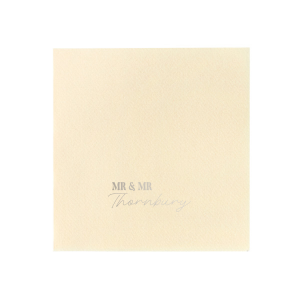Tailor your table setting with the Elegant Union Script Napkin, customizable from "Mr & Mr" to "Mr & Ms" or any pairing you desire, crowned with the shared last name in a graceful script. A sophisticated touch for your bespoke wedding celebration.