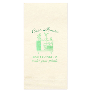 Welcome friends to your new abode with the Botanical Bar Cart Home Entertaining Napkin, adorned with a stylish bar cart and plant graphic and the gentle prompt "Don't forget to water your plants," all below your name or house title in a contemporary script. A charming and practical touch for your housewarming gathering.