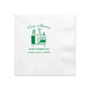 Welcome friends to your new abode with the Botanical Bar Cart Home Entertaining Napkin, adorned with a stylish bar cart and plant graphic and the gentle prompt "Don't forget to water your plants," all below your name or house title in a contemporary script. A charming and practical touch for your housewarming gathering.