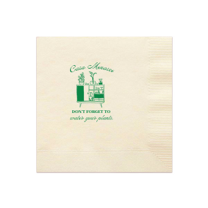 Welcome friends to your new abode with the Botanical Bar Cart Home Entertaining Napkin, adorned with a stylish bar cart and plant graphic and the gentle prompt "Don't forget to water your plants," all below your name or house title in a contemporary script. A charming and practical touch for your housewarming gathering.