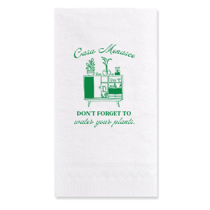 Welcome friends to your new abode with the Botanical Bar Cart Home Entertaining Napkin, adorned with a stylish bar cart and plant graphic and the gentle prompt "Don't forget to water your plants," all below your name or house title in a contemporary script. A charming and practical touch for your housewarming gathering.