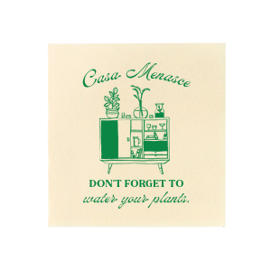 Welcome friends to your new abode with the Botanical Bar Cart Home Entertaining Napkin, adorned with a stylish bar cart and plant graphic and the gentle prompt "Don't forget to water your plants," all below your name or house title in a contemporary script. A charming and practical touch for your housewarming gathering.