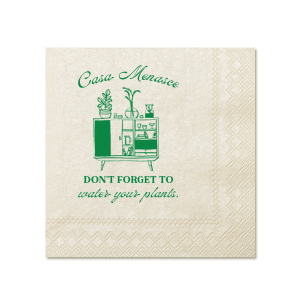 Welcome friends to your new abode with the Botanical Bar Cart Home Entertaining Napkin, adorned with a stylish bar cart and plant graphic and the gentle prompt "Don't forget to water your plants," all below your name or house title in a contemporary script. A charming and practical touch for your housewarming gathering.