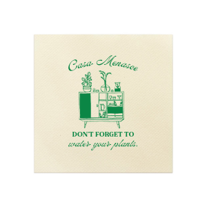 Welcome friends to your new abode with the Botanical Bar Cart Home Entertaining Napkin, adorned with a stylish bar cart and plant graphic and the gentle prompt "Don't forget to water your plants," all below your name or house title in a contemporary script. A charming and practical touch for your housewarming gathering.
