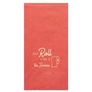 Add a playful twist to your powder room with the Roll With It Bath Humor Napkin, featuring the lighthearted "Just roll with it" topped with a toilet paper roll graphic, personalized with your family's last name in a modern script. A whimsical welcome for guests at your housewarming.