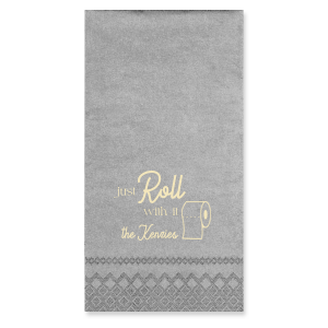 Add a playful twist to your powder room with the Roll With It Bath Humor Napkin, featuring the lighthearted "Just roll with it" topped with a toilet paper roll graphic, personalized with your family's last name in a modern script. A whimsical welcome for guests at your housewarming.