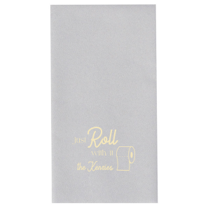 Add a playful twist to your powder room with the Roll With It Bath Humor Napkin, featuring the lighthearted "Just roll with it" topped with a toilet paper roll graphic, personalized with your family's last name in a modern script. A whimsical welcome for guests at your housewarming.