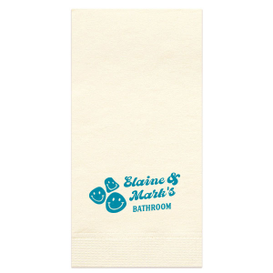 Greet your guests with a grin using the Smiley Welcome Bath Napkin, personalized with your names in a modern block script, humorously announcing their presence in your bathroom, all amidst a joyful array of smiley face graphics. A fun, welcoming addition to your new home's comforts.
