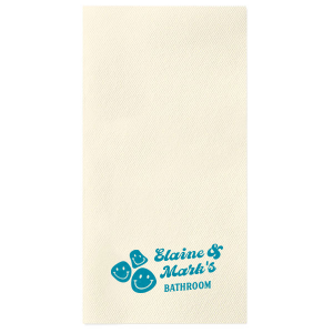 Greet your guests with a grin using the Smiley Welcome Bath Napkin, personalized with your names in a modern block script, humorously announcing their presence in your bathroom, all amidst a joyful array of smiley face graphics. A fun, welcoming addition to your new home's comforts.