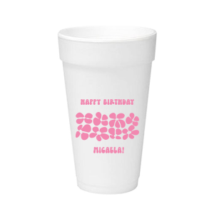 Turn back time at your birthday party with the Retro Floral Groove Cup, personalized with your name in a funky, retro-inspired font, and decked out with a groovy '70s floral pattern. A hip and nostalgic way to raise a toast on your special day.