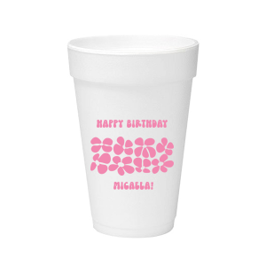 Turn back time at your birthday party with the Retro Floral Groove Cup, personalized with your name in a funky, retro-inspired font, and decked out with a groovy '70s floral pattern. A hip and nostalgic way to raise a toast on your special day.
