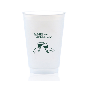 Toast to togetherness with the Cheers to Love Line Art Cup, custom-crafted with the couple's names above a minimalist line drawing of two hands clinking wine glasses. An elegant symbol of celebration for your wedding day.