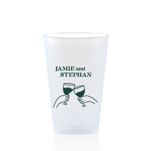 Toast to togetherness with the Cheers to Love Line Art Cup, custom-crafted with the couple's names above a minimalist line drawing of two hands clinking wine glasses. An elegant symbol of celebration for your wedding day.