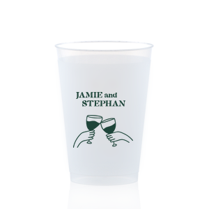 Toast to togetherness with the Cheers to Love Line Art Cup, custom-crafted with the couple's names above a minimalist line drawing of two hands clinking wine glasses. An elegant symbol of celebration for your wedding day.