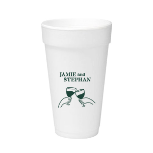 Toast to togetherness with the Cheers to Love Line Art Cup, custom-crafted with the couple's names above a minimalist line drawing of two hands clinking wine glasses. An elegant symbol of celebration for your wedding day.