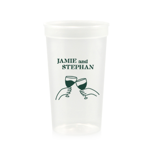 Toast to togetherness with the Cheers to Love Line Art Cup, custom-crafted with the couple's names above a minimalist line drawing of two hands clinking wine glasses. An elegant symbol of celebration for your wedding day.