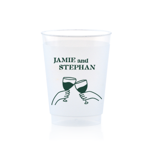 Toast to togetherness with the Cheers to Love Line Art Cup, custom-crafted with the couple's names above a minimalist line drawing of two hands clinking wine glasses. An elegant symbol of celebration for your wedding day.