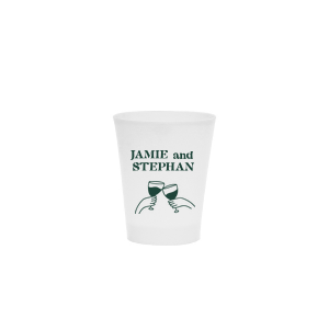 Toast to togetherness with the Cheers to Love Line Art Cup, custom-crafted with the couple's names above a minimalist line drawing of two hands clinking wine glasses. An elegant symbol of celebration for your wedding day.