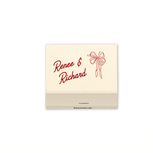 This Nuptial Grace Bow 30 Strike Matchbook features elegant script names accented by a delicate hand-drawn bow illustration. Customize yours to add a charming, romantic detail to your reception décor. Lovely for wedding celebrations or bridal shower favors.