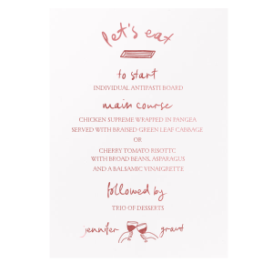 Delight your guests with the Kitschy Cocktail Hour Whimsical Wedding Menu, a playful addition to a whimsical and modern wedding. Featuring the couple's names in a graceful script, surrounded by quirky graphics of hands cheering and a penne pasta proclaiming "Let's eat." Personalize with your wedding's culinary selections for a charming dining experience.