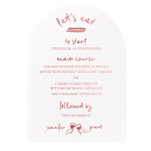 Delight your guests with the Kitschy Cocktail Hour Whimsical Wedding Menu, a playful addition to a whimsical and modern wedding. Featuring the couple's names in a graceful script, surrounded by quirky graphics of hands cheering and a penne pasta proclaiming "Let's eat." Personalize with your wedding's culinary selections for a charming dining experience.