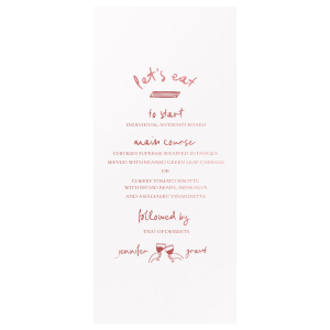 Delight your guests with the Kitschy Cocktail Hour Whimsical Wedding Menu, a playful addition to a whimsical and modern wedding. Featuring the couple's names in a graceful script, surrounded by quirky graphics of hands cheering and a penne pasta proclaiming "Let's eat." Personalize with your wedding's culinary selections for a charming dining experience.