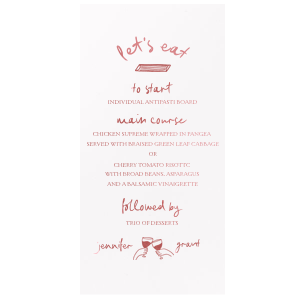 Delight your guests with the Kitschy Cocktail Hour Whimsical Wedding Menu, a playful addition to a whimsical and modern wedding. Featuring the couple's names in a graceful script, surrounded by quirky graphics of hands cheering and a penne pasta proclaiming "Let's eat." Personalize with your wedding's culinary selections for a charming dining experience.