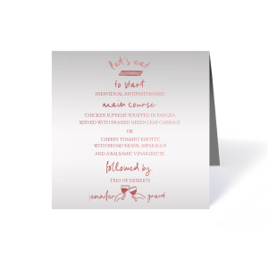 Delight your guests with the Kitschy Cocktail Hour Whimsical Wedding Menu, a playful addition to a whimsical and modern wedding. Featuring the couple's names in a graceful script, surrounded by quirky graphics of hands cheering and a penne pasta proclaiming "Let's eat." Personalize with your wedding's culinary selections for a charming dining experience.