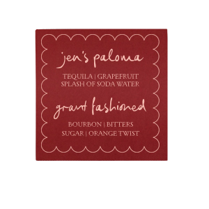 Guide your guests to their seats with a twist using the Kitschy Cocktail Hour Signature Drink Place Card. Adorned with the couple's names in a playful script encased in a scalloped frame, each card details the unique signature drinks available at the bar. A whimsical yet modern addition for your wedding's cocktail hour.