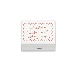 Ignite some fun with the Kitschy Cocktail Hour Wasted Love Matches, a cheeky memento from your whimsical and modern wedding. Each matchbox, encased in a scalloped frame with the couple's names in script and the wedding date, playfully boasts "I got wasted at (couple's names) wedding." A perfect keepsake for guests to remember the joyous celebration.