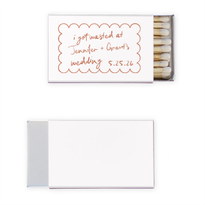 Ignite some fun with the Kitschy Cocktail Hour Wasted Love Matches, a cheeky memento from your whimsical and modern wedding. Each matchbox, encased in a scalloped frame with the couple's names in script and the wedding date, playfully boasts "I got wasted at (couple's names) wedding." A perfect keepsake for guests to remember the joyous celebration.