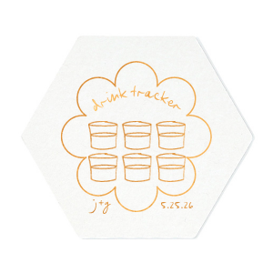 Keep tabs on the evening's libations with the Kitschy Cocktail Hour Drink Tracker Coaster, an inventive element for a whimsical and modern wedding. This unique coaster features floral-framed modern line drawings of glasses, providing a chic way for guests to mark their drink count. Personalize with the couple's initials and wedding date for a functional yet stylish keepsake.