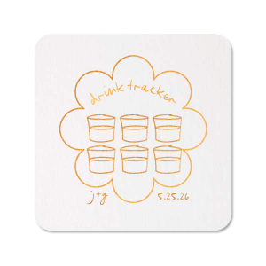 Keep tabs on the evening's libations with the Kitschy Cocktail Hour Drink Tracker Coaster, an inventive element for a whimsical and modern wedding. This unique coaster features floral-framed modern line drawings of glasses, providing a chic way for guests to mark their drink count. Personalize with the couple's initials and wedding date for a functional yet stylish keepsake.