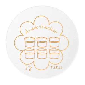 Keep tabs on the evening's libations with the Kitschy Cocktail Hour Drink Tracker Coaster, an inventive element for a whimsical and modern wedding. This unique coaster features floral-framed modern line drawings of glasses, providing a chic way for guests to mark their drink count. Personalize with the couple's initials and wedding date for a functional yet stylish keepsake.