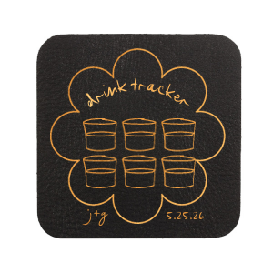 Keep tabs on the evening's libations with the Kitschy Cocktail Hour Drink Tracker Coaster, an inventive element for a whimsical and modern wedding. This unique coaster features floral-framed modern line drawings of glasses, providing a chic way for guests to mark their drink count. Personalize with the couple's initials and wedding date for a functional yet stylish keepsake.
