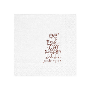 Elevate your wedding's charm with the Kitschy Cocktail Hour Pyramid Toast Napkin, where the couple's names rest below an illustrative pyramid of wine glasses—symbolizing a collective celebration of love. A whimsical yet modern detail for your special day.