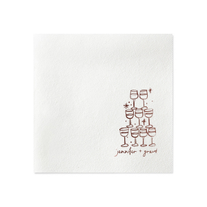 Elevate your wedding's charm with the Kitschy Cocktail Hour Pyramid Toast Napkin, where the couple's names rest below an illustrative pyramid of wine glasses—symbolizing a collective celebration of love. A whimsical yet modern detail for your special day.