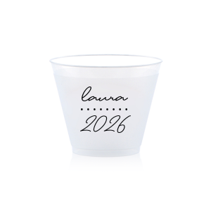 Add a personalized touch to your celebratory drinks with the Graduation Soiree Dotted Line Cup. The elegantly inscribed text is customizable with the grad's name and year of graduation in a sleek script font. A modern and stylish detail for sipping in honor at any classic graduation gathering.